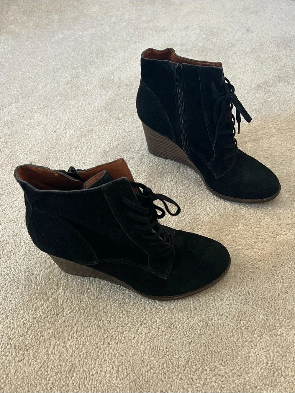 Lucky Brand Black Suede Lace-Up Wedge Ankle Boots